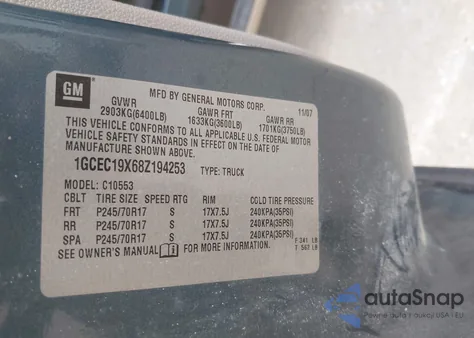 2008 Chevrolet Silverado 1500 Work Truck from USA, damaged, VIN 1GCEC19X68Z194253